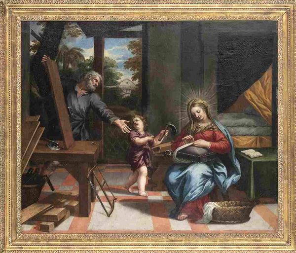 CIRO FERRI (Roma, 1634 - 1689), ATTRIBUITO : Sacra Familglia nella bottega di Giuseppe...  - Asta Dipinti e disegni antichi. Secoli XVI-XIX - Bertolami Fine Art - Casa d'Aste