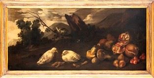 GIOVANNI AGOSTINO CASSANA (Genova, 1658 - 1720), ATTRIBUITO : Natura morta con frutta e due colombi in un paesaggio...  - Asta Dipinti e disegni antichi. Secoli XVI-XIX - Bertolami Fine Art - Casa d'Aste