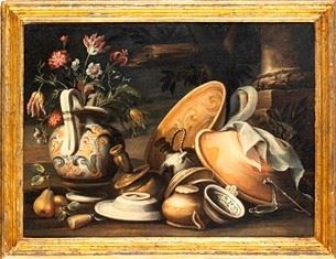 Antonio Calza : Natura morta con stoviglie e vaso di fiori...  - Auction Dipinti e disegni antichi. Secoli XVI-XIX - Bertolami Fine Art - Casa d'Aste