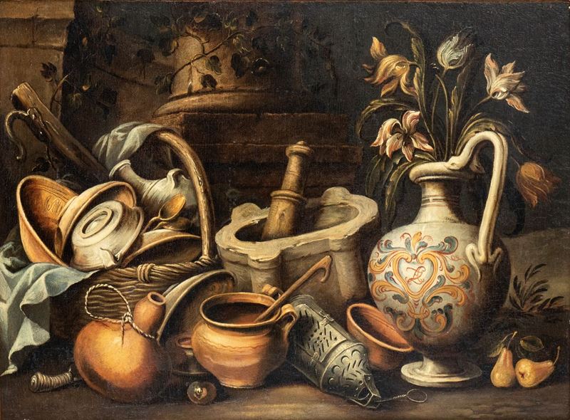 Antonio Calza - Natura Morta con Stoviglie, Mortaio e Vaso di Fiori