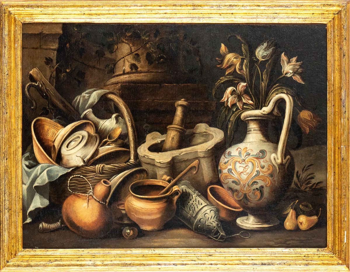 Antonio Calza - Natura Morta con Stoviglie, Mortaio e Vaso di Fiori