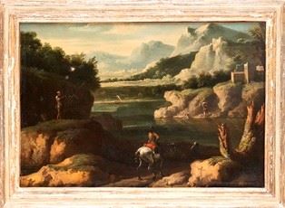 JAN FRANS VAN BLOEMEN (Anversa,  1662 - Roma, 1749), ATTRIBUITO - Paesaggio con specchio d'acqua, lavandaie e cavaliere in primo piano...