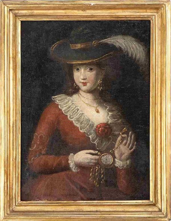 Ritratto di gentildonna in abito rosso con orologio...