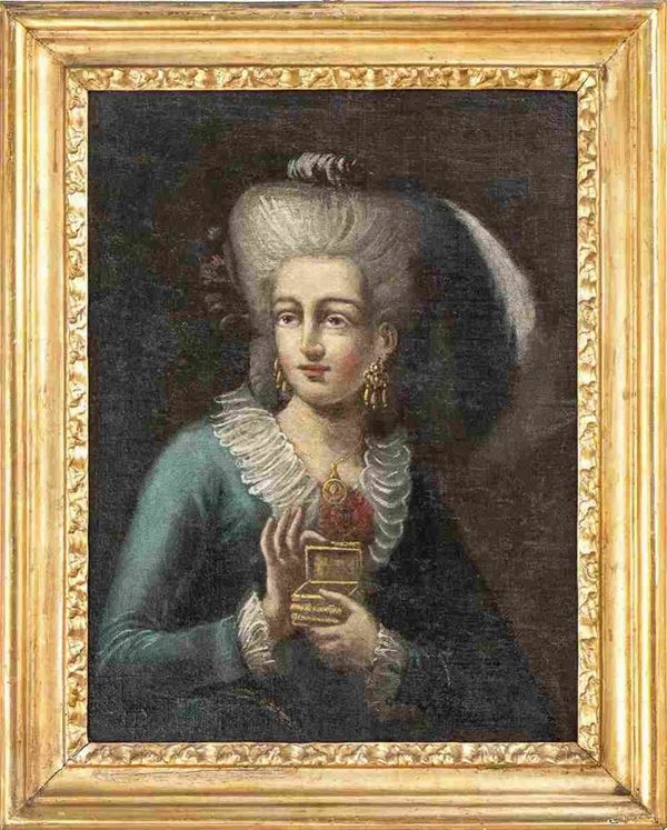 Ritratto di gentildonna in abito blu con cofanetto...  - Auction Dipinti e disegni antichi. Secoli XVI-XIX - Bertolami Fine Art - Casa d'Aste