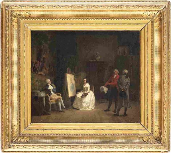 JULES MASS&#201; (Francia, 1825-1899), ATTRIBUITO : L'ateliér della pittrice...  - Auction Dipinti e disegni antichi. Secoli XVI-XIX - Bertolami Fine Art - Casa d'Aste