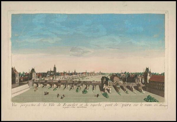 Vue Perspective de la Ville de Francfort et du superbe pont de piere sur le Mai...  - Auction Stampe antiche, moderne e carte geografiche - Bertolami Fine Art - Casa d'Aste