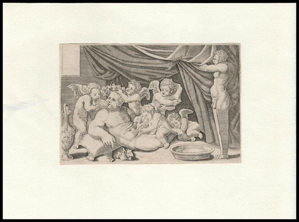 Maestro del Dado (1530-1560 fl.) : Bacchus con i putti...  - Auction Stampe antiche, moderne e carte geografiche - Bertolami Fine Art - Casa d'Aste