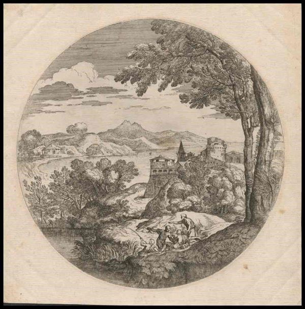 Giovanni Francesco Grimaldi (1606-1680) : Paessaggio con quattro figure...  - Asta Stampe antiche, moderne e carte geografiche - Bertolami Fine Art - Casa d'Aste