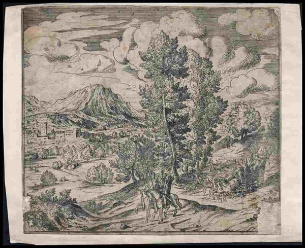 Anonimo incisore Veronese del XVII secolo - Paesaggio con figure...