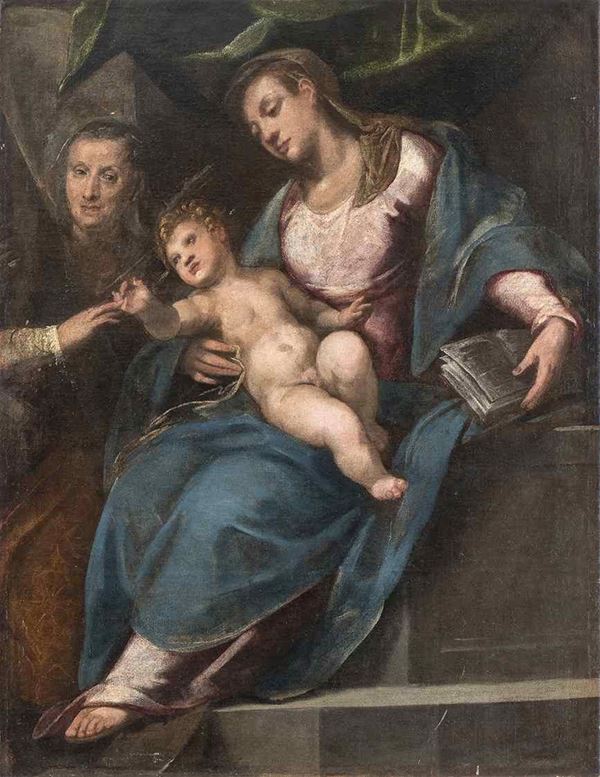 SCUOLA VENETA, PRIMA MET&#192; XVII SECOLO :  Matrimonio mistico di Santa Caterina con donatore...  - Asta Dipinti e disegni antichi. Secoli XVI-XIX - Bertolami Fine Art - Casa d'Aste