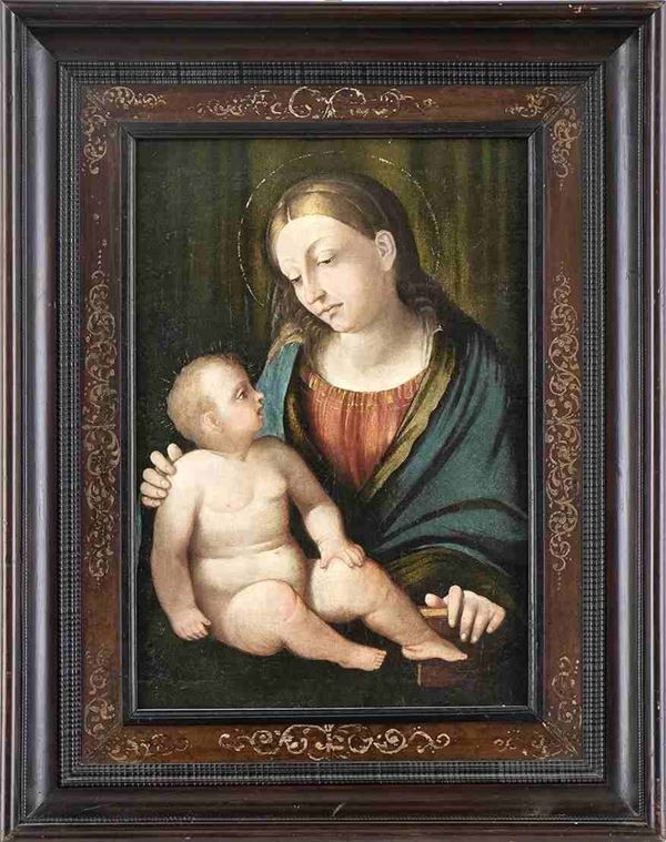 AMBITO DI GIROLAMO ROMANINO (Brescia, 1484 - 1566) : Madonna con Bambino...  - Asta Dipinti e disegni antichi. Secoli XVI-XIX - Bertolami Fine Art - Casa d'Aste