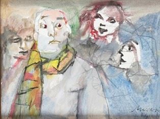 MINO MACCARI : Man and three ladies, 1984  - Mixed media on cardboard, 30 x 40 cm  - Auction Dipinti, Disegni e Sculture dal XIX al XXI secolo e Collezione Cornelio Di Marzio - Bertolami Fine Art - Casa d'Aste