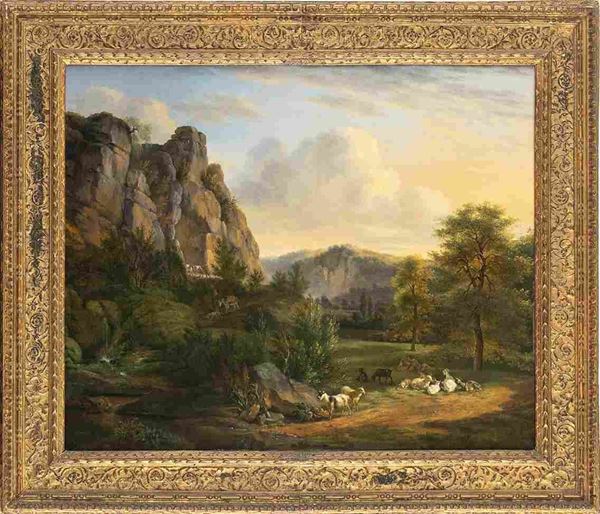 JAKOB PHILIPP HACKERT (Prenzlau, 1737 - San Pietro di Careggi, 1807) : Paesaggio boschivo con pastore e armenti, cascatella, torrente e arco di roccia...  - Auction Dipinti e disegni antichi. Secoli XVI-XIX - Bertolami Fine Art - Casa d'Aste