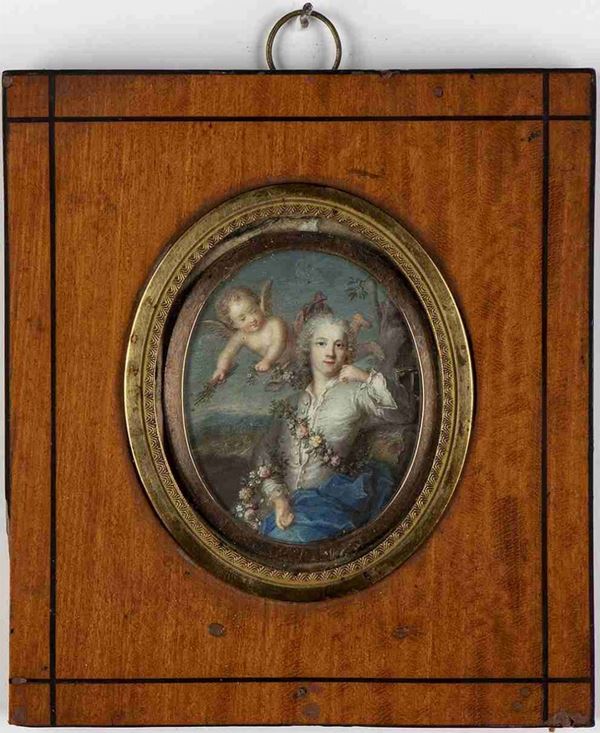 AMBITO DI ROSALBA CARRIERA (Venezia, 1673 - 1757) - Miniatura raffigurante giovane gentiluomo con amorino...