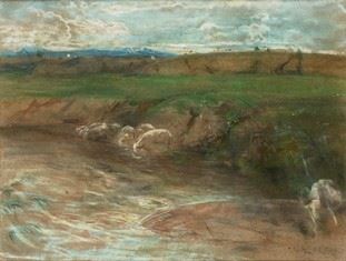 Giulio Aristide Sartorio (roma, 1860 - 1932) - Paesaggio con Gregge