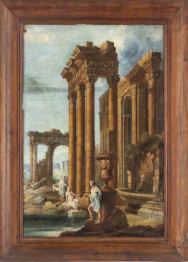 SEGUACE DI GIOVANNI PAOLO PANNINI, XVIII / XIX SECOLO : Capriccio architettonico con figure e fontanile...  - Asta Dipinti e disegni antichi. Secoli XVI-XIX - Bertolami Fine Art - Casa d'Aste