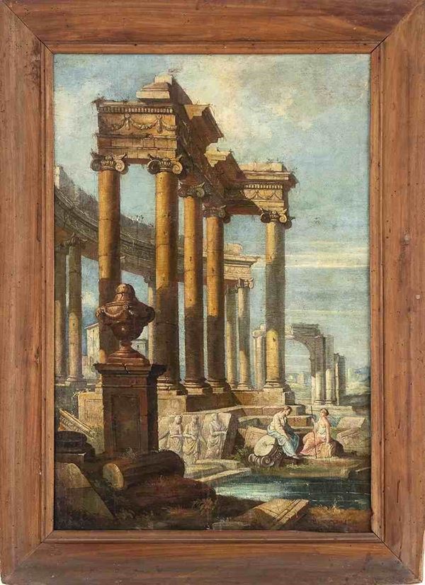 SEGUACE DI GIOVANNI PAOLO PANNINI, XVIII / XIX SECOLO - Capriccio architettonico con vaso su piedistallo...