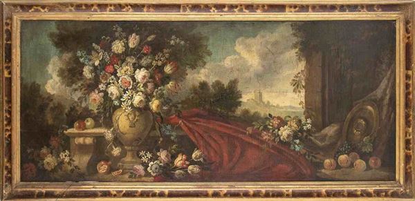 Scuola napoletana, XVIII secolo : Grande natura morta di fiori nel giardino di una villa...  - Auction Dipinti e disegni antichi. Secoli XVI-XIX - Bertolami Fine Art - Casa d'Aste