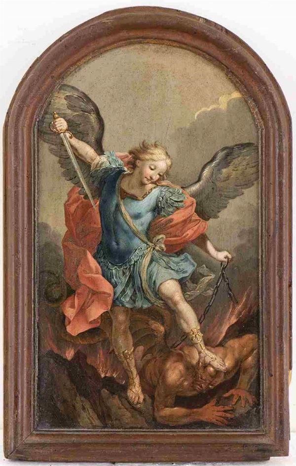 Guido Reni : L'arcangelo Michele schiaccia Satana...  - Asta Dipinti e disegni antichi. Secoli XVI-XIX - Bertolami Fine Art - Casa d'Aste