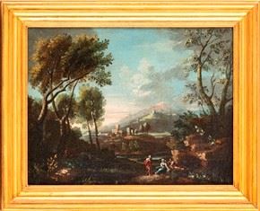 JAN FRANS VAN BLOEMEN (Anversa,  1662 - Roma, 1749), ATTRIBUITO - Paesaggio con figure ...