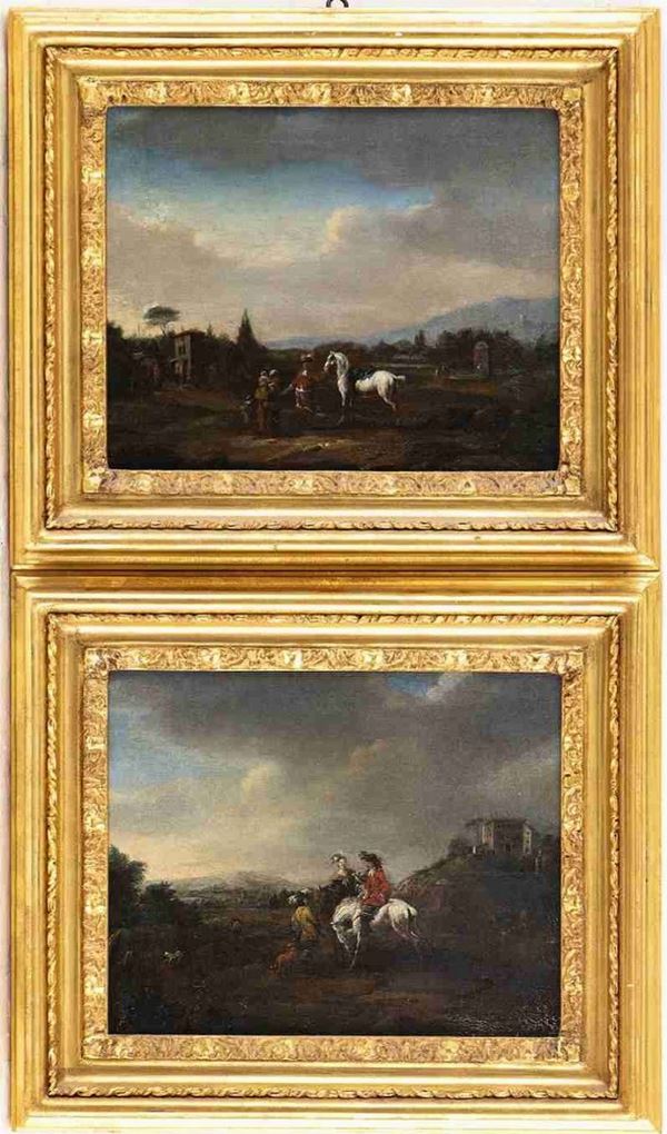 Hendrik Frans van Lint : a) Paesaggio con figure, cavaliere e fontanile; b) Paesaggio con coppia di nobi...  - Auction Dipinti e disegni antichi. Secoli XVI-XIX - Bertolami Fine Art - Casa d'Aste