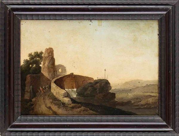 Paesaggio con ponte, torre e figure...  - Auction Dipinti e disegni antichi. Secoli XVI-XIX - Bertolami Fine Art - Casa d'Aste