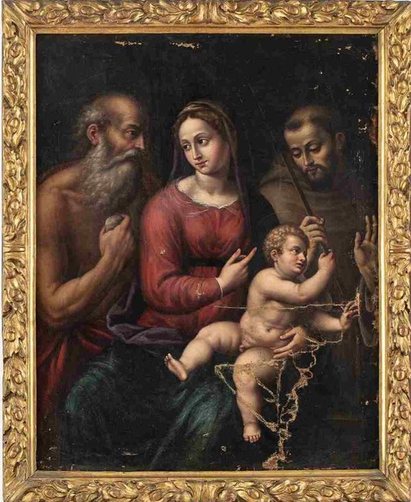 Scuola emiliana, seconda met&#224; XVI secolo : Madonna con Bambino tra San Girolamo e San Francesco...  - Auction Dipinti e disegni antichi. Secoli XVI-XIX - Bertolami Fine Art - Casa d'Aste