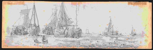 AUGUSTE HENRI MUSIN (Ostende, 1852-1920) - Recto: velieri in secca e figure;
verso: palafitta di pescatori ...