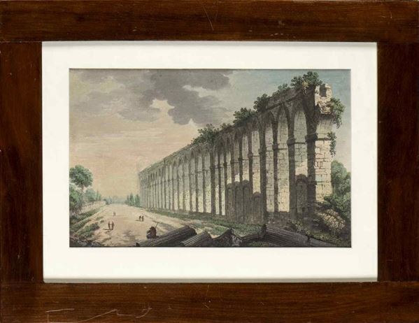 GAETANO MAGNI (attivo nell'ultimo quarto del XVIII secolo) - Paesaggio con acquedotto romano, figure e frammenti di colonne...