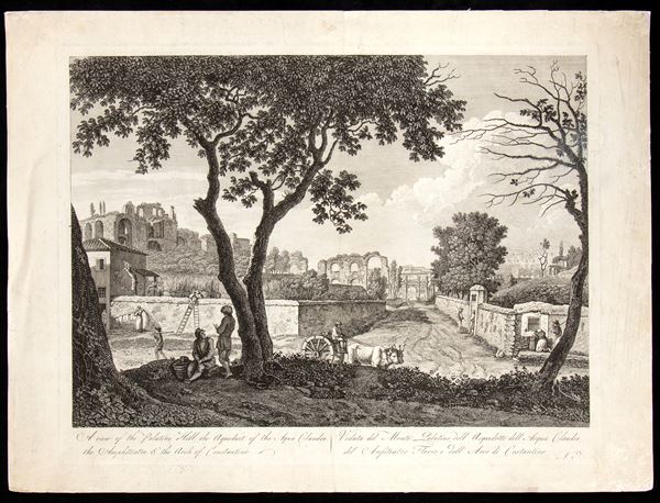 Carlo Labruzzi : A view of the Palatine Hill, the aqueduct of the Acqua Claudia the Ampitheatre  - Auction Old Master and Modern Prints, Matrices, Maps, Photography - Bertolami Fine Art - Casa d'Aste