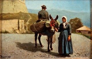 DENTICE : Peasants couple,   (1889)  - Oil on canvas, 19,5 x 30 cm - Auction Dipinti, disegni e sculture dal XIX al XXI Secolo. Vetri e Ceramiche del ‘900 - Bertolami Fine Art - Casa d'Aste