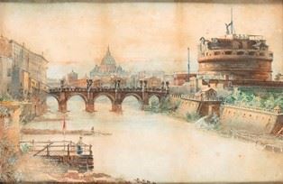 Castel Sant'Angelo view, 1860  - Watercolor on paper, 31 x 47,5 cm  - Auction Dipinti, Disegni e Sculture dal XIX al XXI secolo e Collezione Cornelio Di Marzio - Bertolami Fine Art - Casa d'Aste