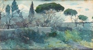 GINO ROMITI : Pineta di Ardenza, 1900  - Acquarello su cartoncino, 11 x 20 cm - Asta Dipinti, Disegni e Sculture dal XIX al XXI secolo e Collezione Cornelio Di Marzio - Bertolami Fine Art - Casa d'Aste