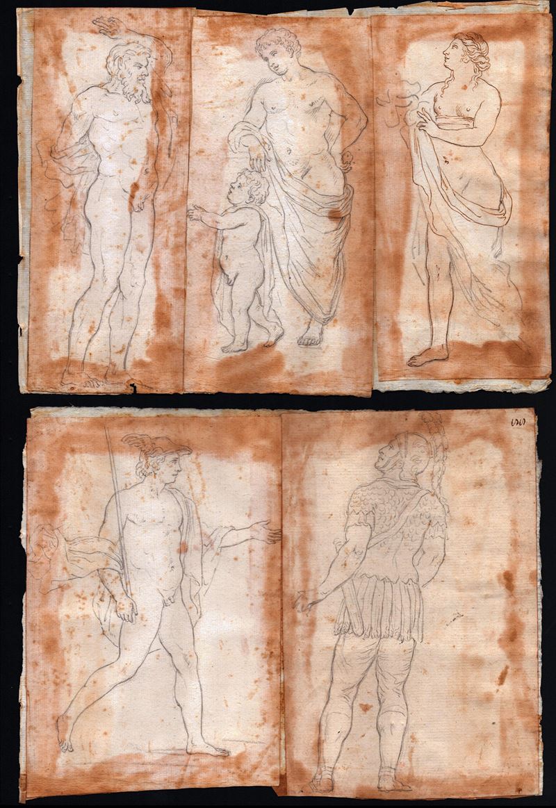 Gruppo di cinque fogli sciolti a tema mitologico