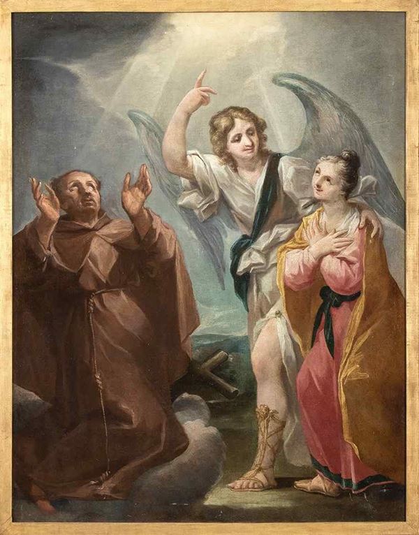 Scuola romana, XVIII secolo : Guardian angel with donor and Franciscan friar  - Oil on canvas, cm. 84x108. Framed. - Auction Old Master & 19th Century Paintings. With a selection of sculptures - Bertolami Fine Art - Casa d'Aste
