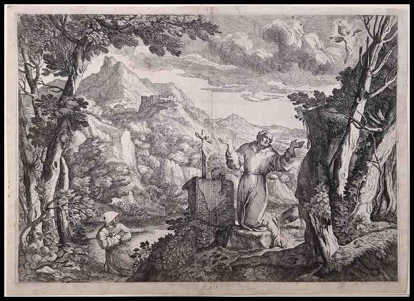 Giovanni Francesco Grimaldi (1606-1680) :  San Francesco riceve le stigmate, 1670...  - Auction Stampe antiche, moderne e carte geografiche - Bertolami Fine Art - Casa d'Aste