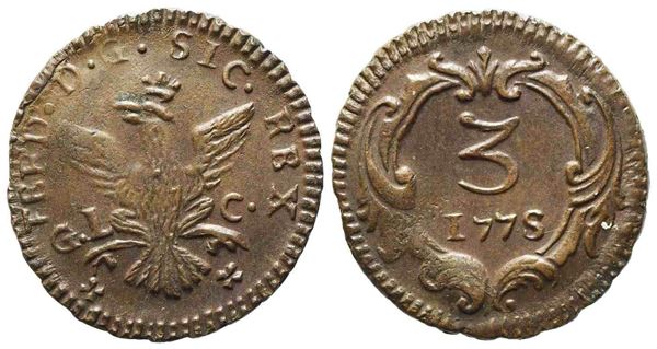 PALERMO. Regno di Sicilia. Ferdinando III di Borbone (1759-1816). Mezzo grano 1775. Cu (2,40 g; 18,5 mm)