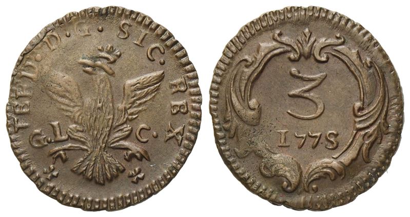 Palermo. Regno di Sicilia. Ferdinando III di Borbone (1759-1816). Mezzo Grano 1775. Cu (2,40 G; 1...