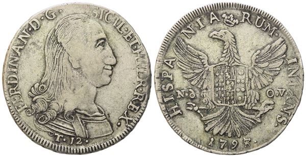 PALERMO. Regno di Sicilia. Ferdinando III di Borbone (1759-1816). 12 tarì 1798, rara variante 8 su 7. Ag (27,20 g; 38 mm)