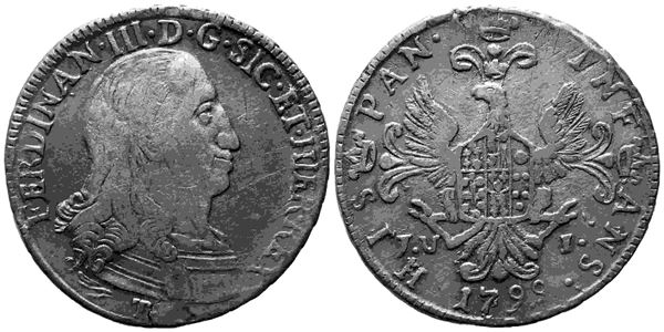 PALERMO. Regno di Sicilia. Ferdinando III di Borbone (1759-1816). 6 tarì 1799. Ag (13,60 g; 30,5 mm)  - Asta Monete e medaglie medievali e moderne italiane ed estere - Bertolami Fine Art - Casa d'Aste