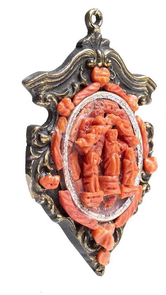 Medaglione Pendente Italiano in Bronzo e Corallo - XIX Secolo