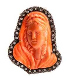 Cerasuolo coral cameo diamond silver gold brooch ...