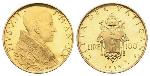 CITTA' DEL VATICANO. Pio XII (1939-1958). 100 lire 1958. Au (5,20 g). Gig. 116....