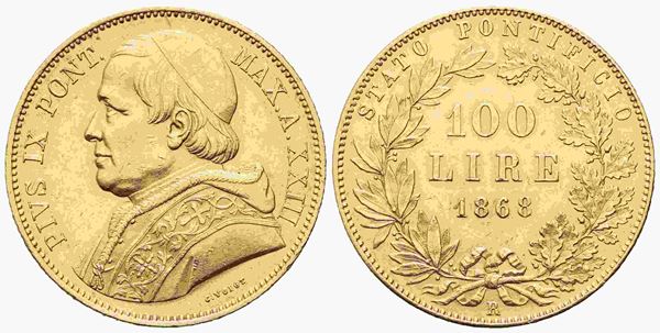 ROMA. Stato Pontificio. Pio IX (1846-1870). 100 lire 1868. Au (32,25 g). Gig. 2...  - Auction Monete e medaglie moderne Italiane ed Estere - Bertolami Fine Art - Casa d'Aste