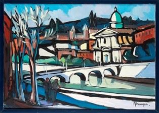 ACHILLE SDRUSCIA : View from Lungotevere of Principe Amedeo bridge  - Oil on canvas, 70 x 100 cm  - Auction Dipinti, Disegni e Sculture dal XIX al XXI secolo e Collezione Cornelio Di Marzio - Bertolami Fine Art - Casa d'Aste