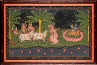 DIPINTO &#8216;PICHHWAI&#8217; A COLORI SU TESSUTO CON KRISHNA, FIGURE FEMMINILI E VACCHE NEL PAESAGGIO : India, XX secolo

Cornice in legno.

62 x 91 cm (cornice inclusa)

Provenienza:...  - Asta Arte Asiatica e Tribale - Bertolami Fine Art - Casa d'Aste