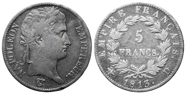 FRANCIA. Napoleone I (1804-1814). 5 franchi 1813. Lione. Ag. BB, colpetto al bo...