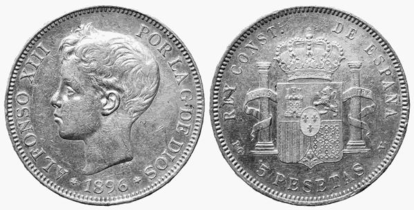 SPAGNA. Alfonso XIII (1886-1931). 5 pesetas 1896. Ag. SPL, colpetto al bordo....  - Auction Monete e medaglie moderne Italiane ed Estere - Bertolami Fine Art - Casa d'Aste