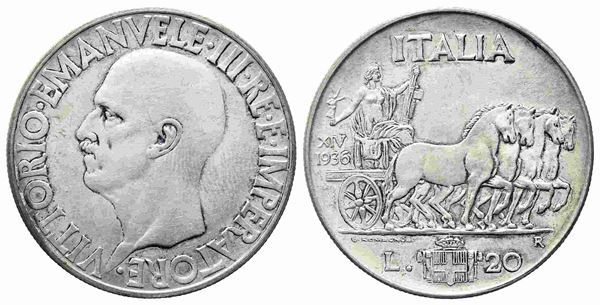 FALSI. Riproduzione di una 20 lire 1936 di Vittorio Emanuele III re d'Italia....  - Asta Monete e medaglie moderne Italiane ed Estere - Bertolami Fine Art - Casa d'Aste