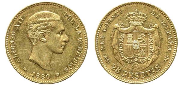 SPAGNA. Alfonso XII (1874-1885). 25 pesetas 1880. Au (8,03 g). AC. 79. SPL...  - Asta Monete e medaglie moderne Italiane ed Estere - Bertolami Fine Art - Casa d'Aste